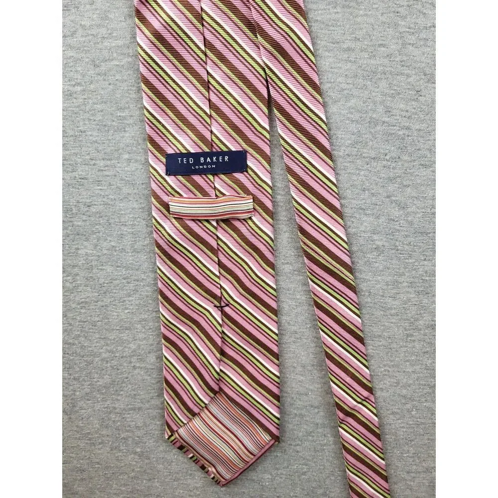 TED BAKER LONDON Pink‎ Lime White Diagonal stripe Silk USA Handmade Necktie Tie